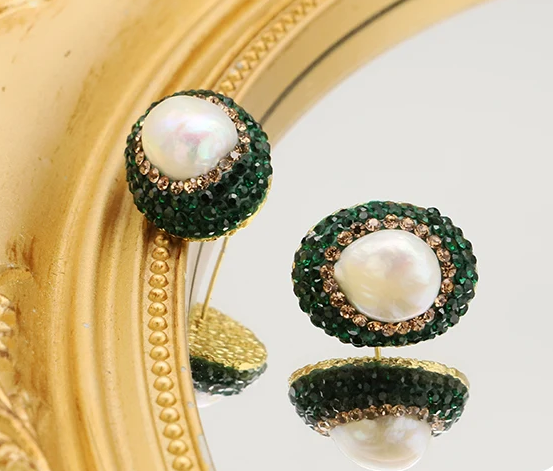 Vintage Baroque Big Oval Pearl Stud Rhinestone Earrings
