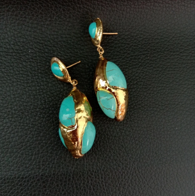 Blue Turquoise Yellow Gold Plated stud Earring