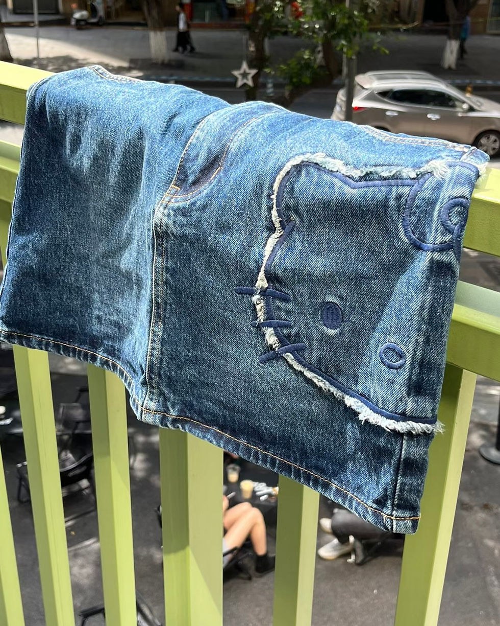 Thumbnail: Hello Kitty Patch Embroidered Jeans Skirt