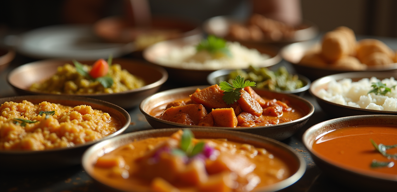 Assortment of traditional Indian recipes in copper bowls