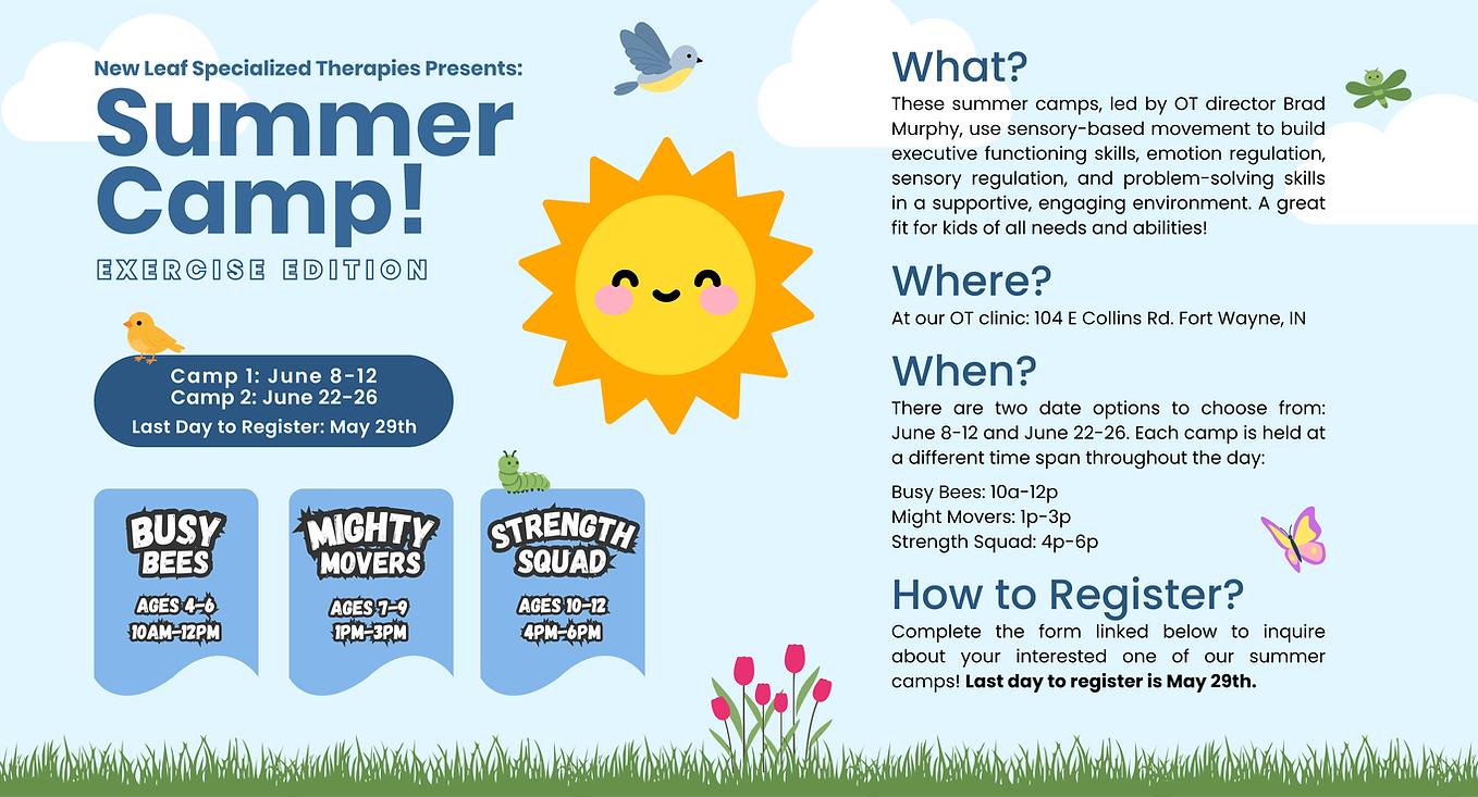 A colorful summer camp flyer for New Leaf Specialized Therapies' Summer Camp: Exercise Edition. The flyer features a cheerful blue sky background with cartoon illustrations of a smiling sun, birds, a butterfly, a caterpillar, tulips, and grass along the bottom. Text details three age-based camp groups: Busy Bees (ages 4–6, 10AM–12PM), Mighty Movers (ages 7–9, 1PM–3PM), and Strength Squad (ages 10–12, 4PM–6PM). Two camp sessions are offered: June 8–12 and June 22–26, with the registration deadline is after May 29th. Camps are held at the New Leaf OT clinic at 104 E Collins Rd, Fort Wayne, IN. The flyer describes the camps as using sensory-based movement to build executive functioning, emotion regulation, sensory regulation, and problem-solving skills in a supportive, engaging environment.