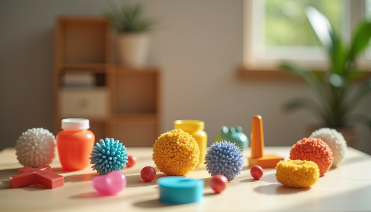 Eye-level view of a sensory kit with various textured toys and tools arranged neatly on a table