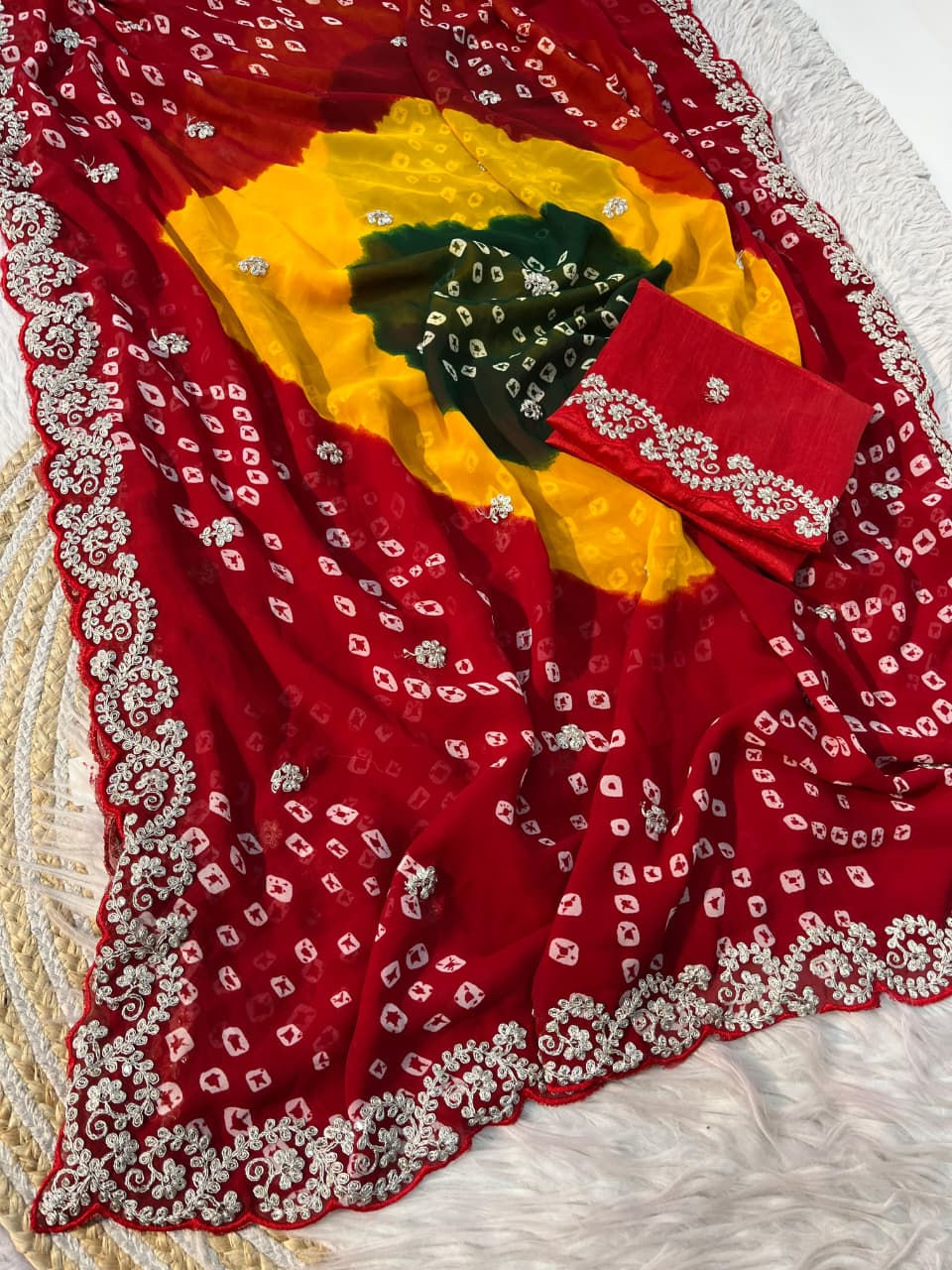 Thumbnail: JKfashion Bandhej Georgette Saree with Pitta Work & Sequence Design