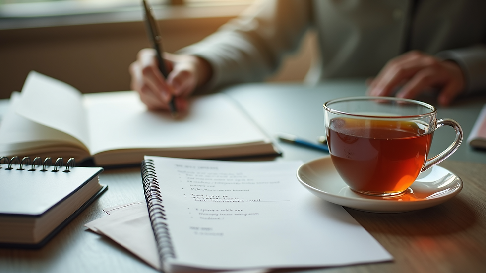 High angle view of a therapist’s desk with therapy notes and a cup of tea