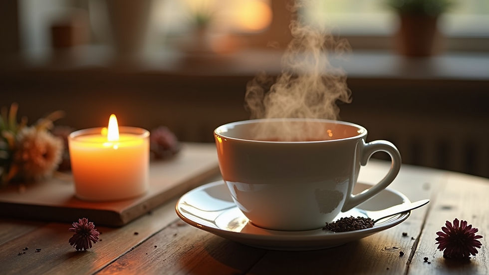 Steaming teacup, candle, flowers: Peaceful moment