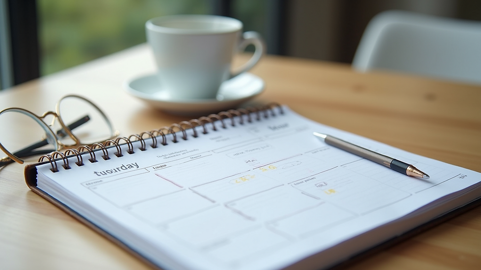 High angle view of a neatly organised planner with holiday notes