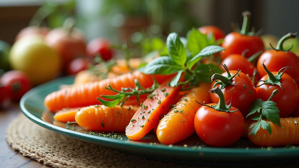 Close-up of a colourful vegetable platter on a dining table