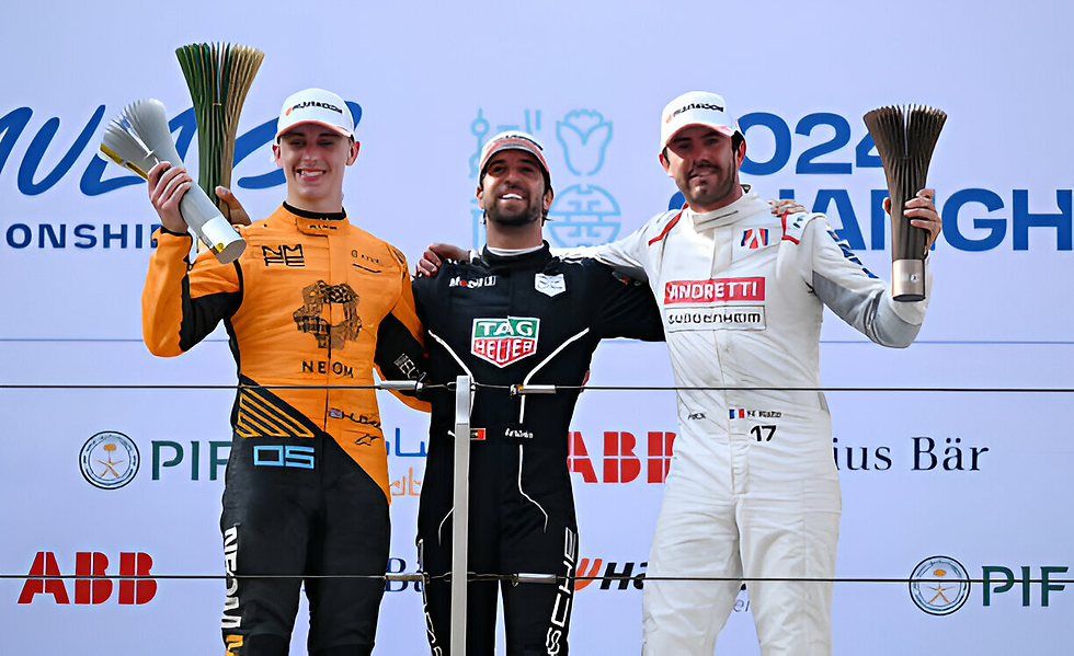 Hughes (L), Da Costa (centre) and Nato (R), the podium for round 12; Credit - Sam Bagnall/LAT Images