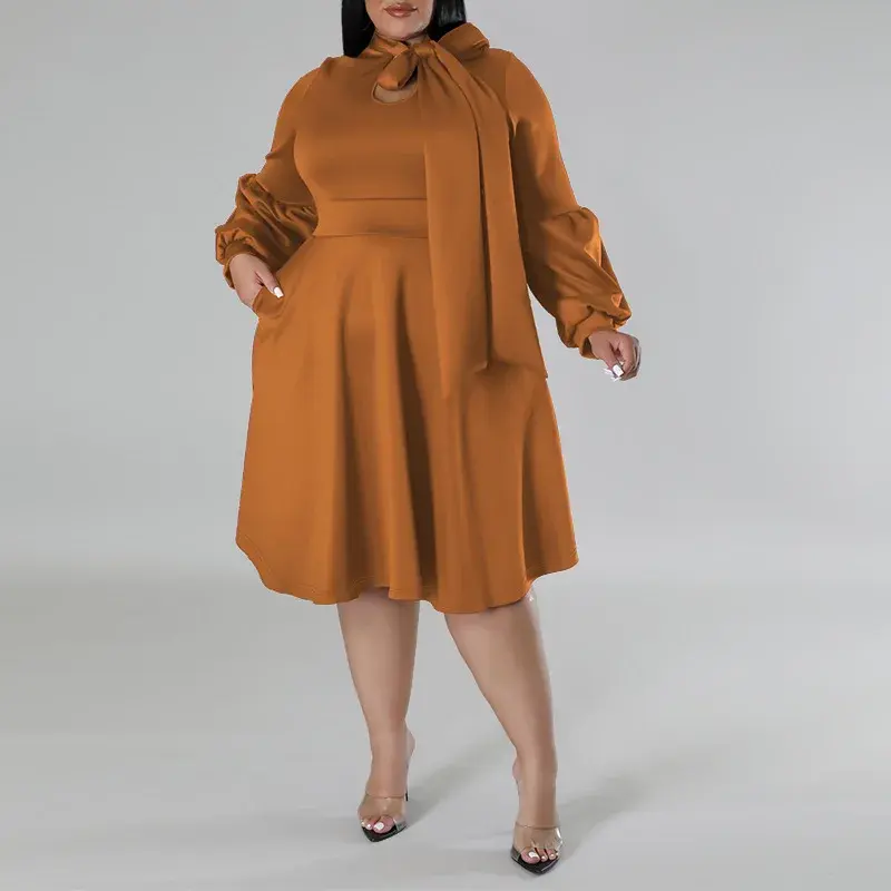 Thumbnail: Collared Puff Sleeve Long Sleeve Midi Dress Elegant Plus Size Fall Fashion