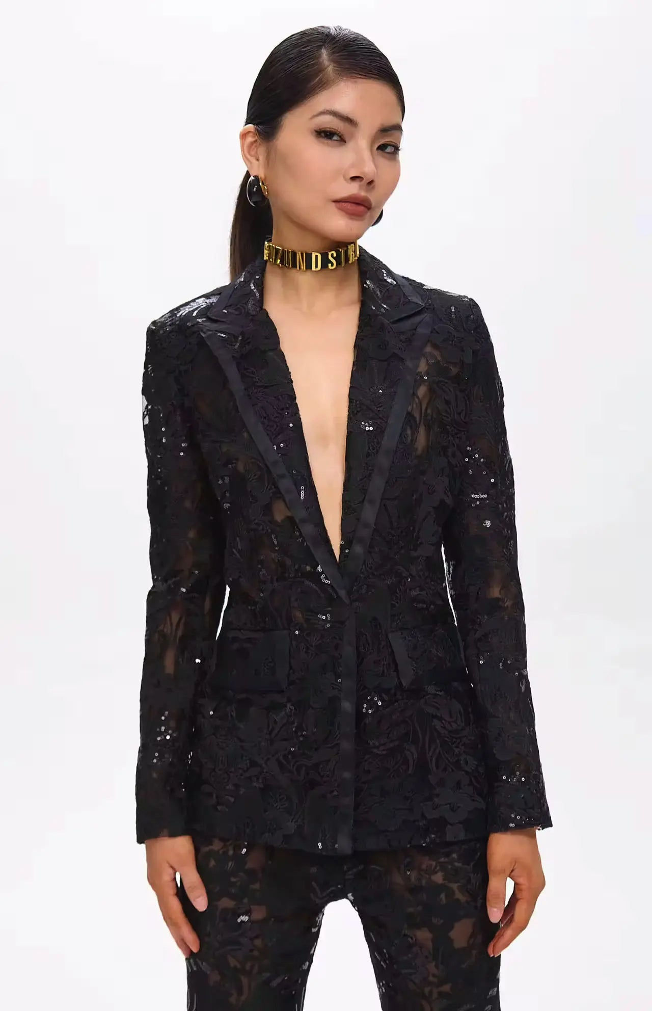 Carie Sequin Floral Blazer Set Black