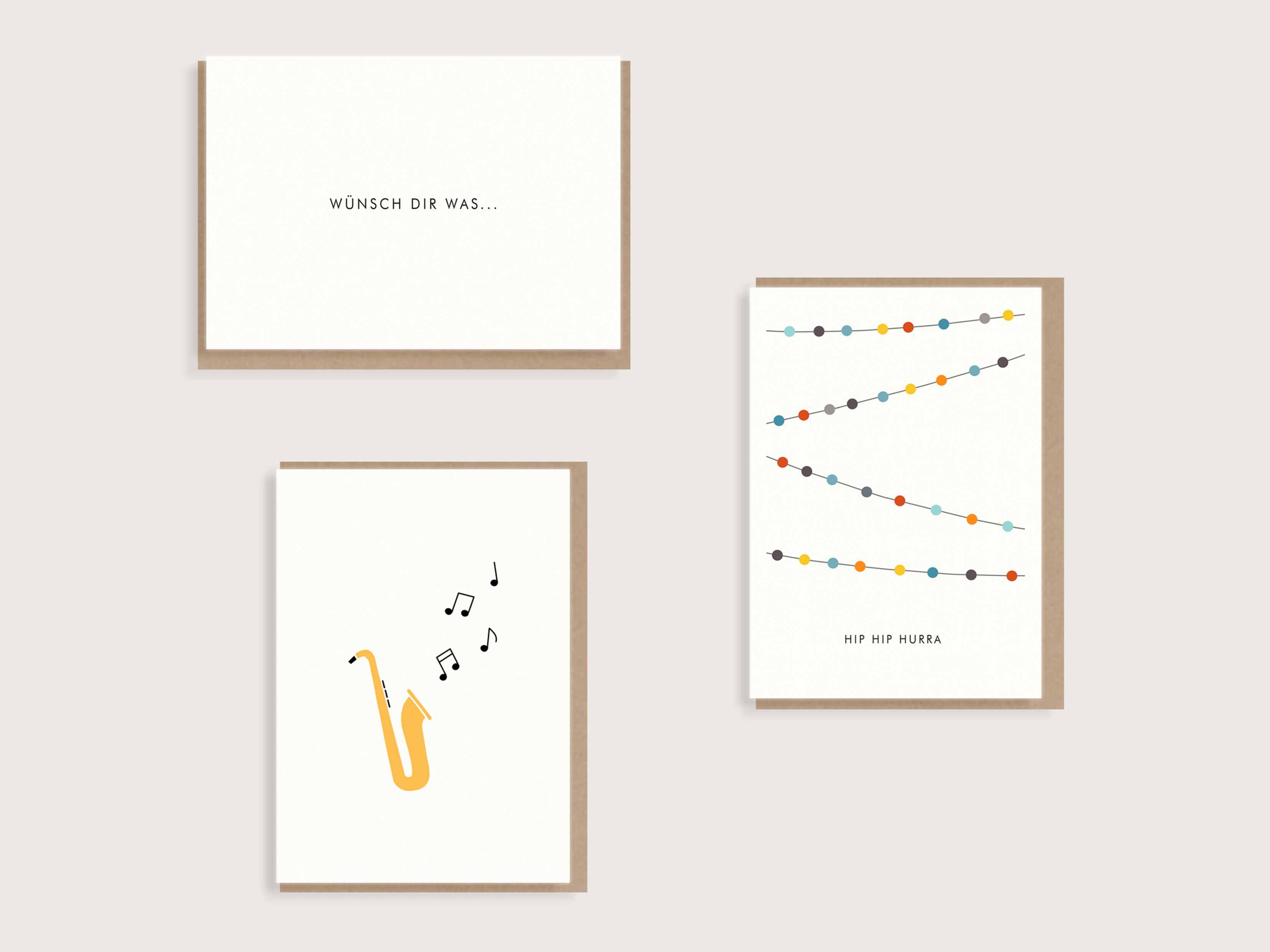 Set aus 3 Karten  - "Saxophon" - "Wünsch dir was.." - "Girlande - Hip Hip Hurra"