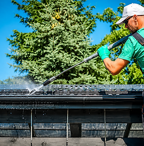 Professional gutter cleaning service removing leaves and debris from residential gutters to prevent clogs and water damage.