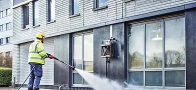 Technician soft washing dark siding wall to remove dirt and mildew