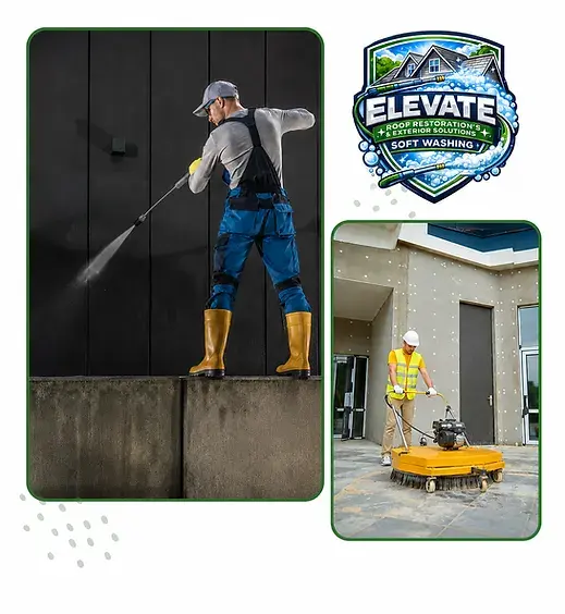 Technician soft washing exterior wall surface to remove dirt and algae buildup