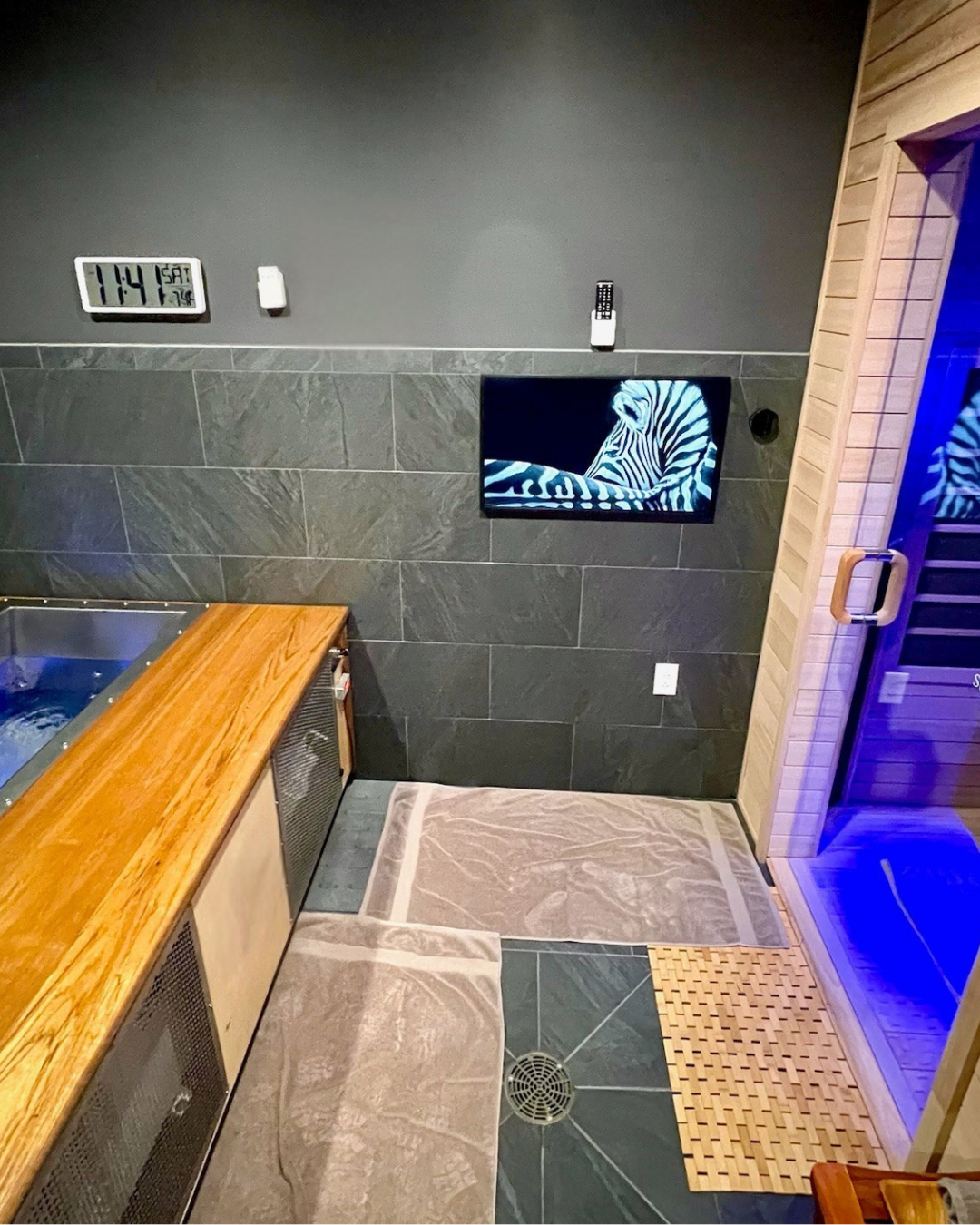 Contrast therapy suite pairing a cedar sauna with a cold plunge