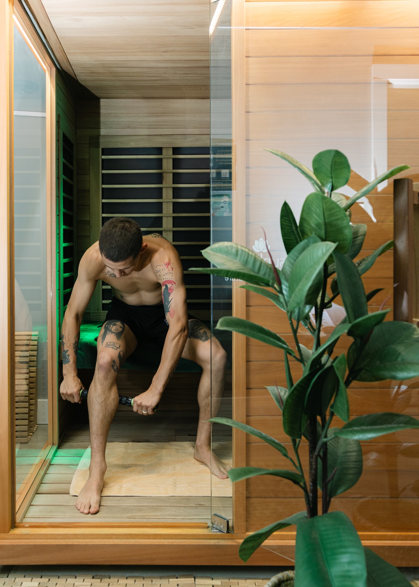 Guest seated in a full spectrum infrared sauna beside a potted plant