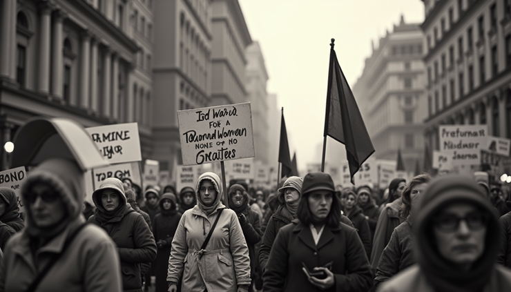 Eye-level view of a historic march with women holding banners and flags