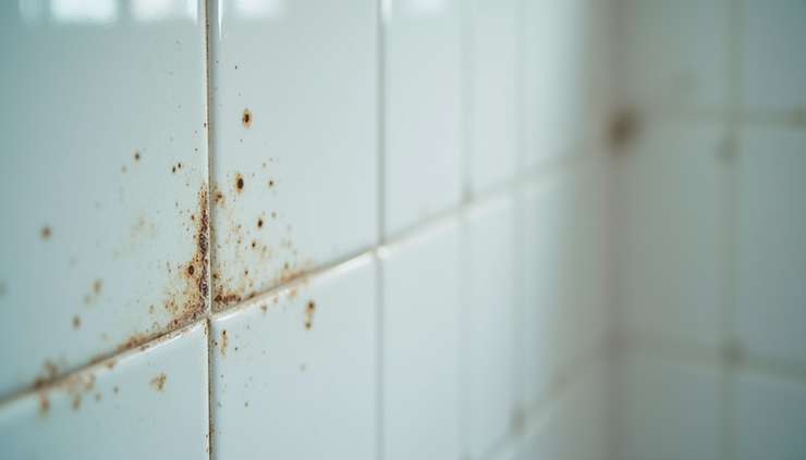 Close-up view of bathroom shower tiles with mold stains near silicone edges