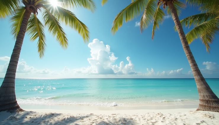 Eye-level view of a sandy beach with clear blue water and palm trees in St. Petersburg