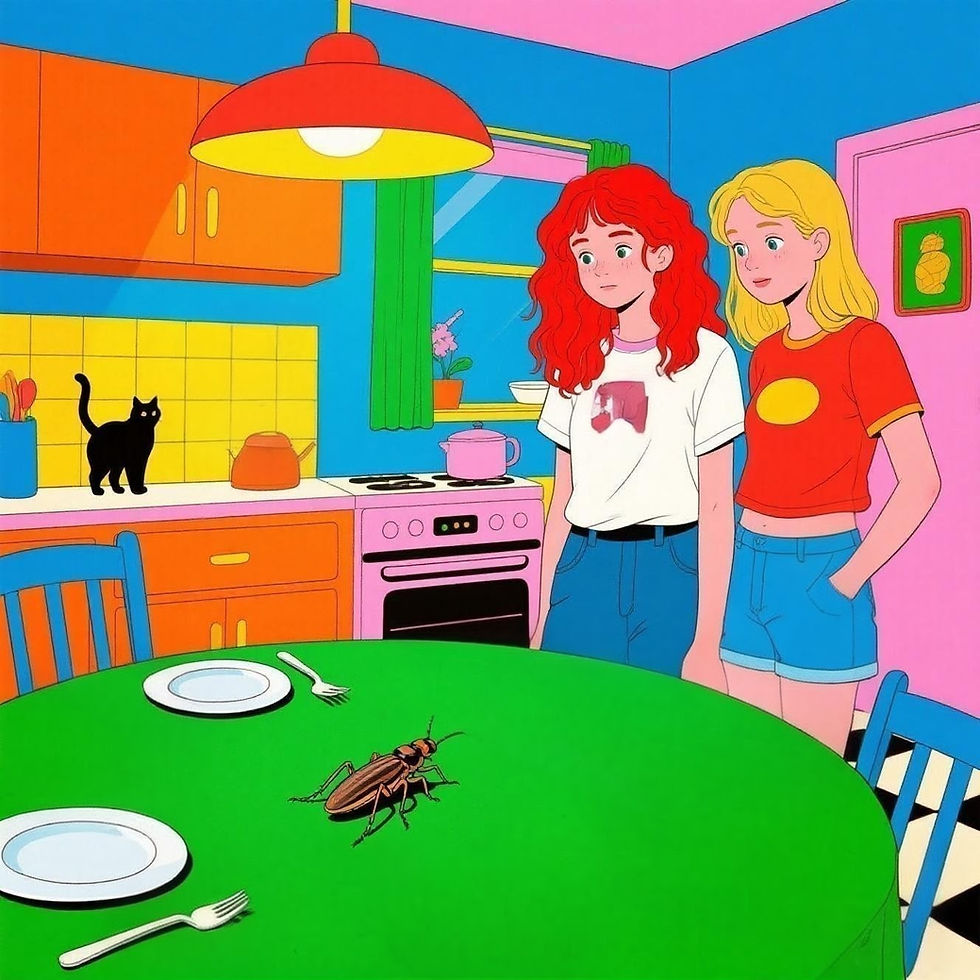 Duas garotas uma ruiva e a outra loira e uma barata na mesa com dois pratos e dois garfos um gato preto em cima da bancada da cozinha olhando a barata