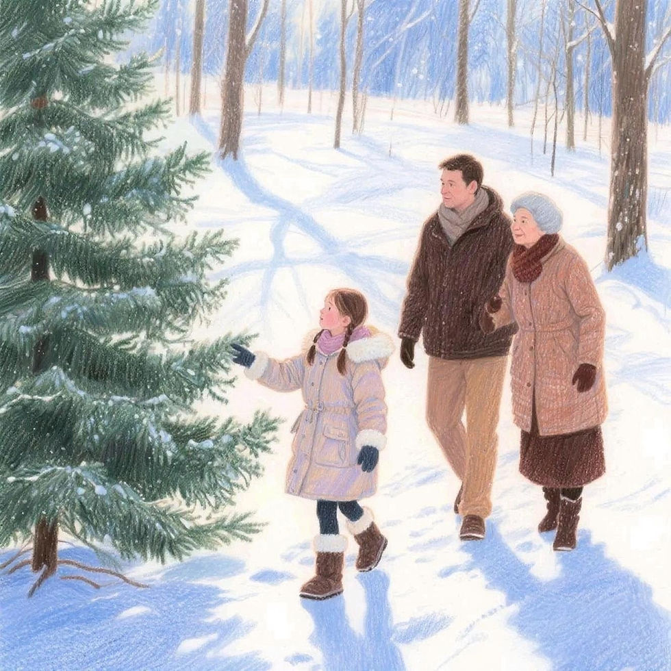 Uma menina com o pai e a avó estão olhando um pinheiro enorme admirando