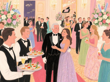 Salão decorado, garçons, com bandejas aperitivos e taça. adultos formalmente, com taças. jovens vestidas com vestidos longos e elegantes, cor lilás e brilho e a outra de rosa.