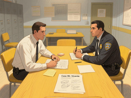 Dois detetives estão conversando sobre o depoimento estão em uma sala na delegacia a mesa onde eles estão está com papéis