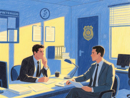 Dois homens estão conversando em uma delegacia todos os dois estão de terno um deles está anotado algo enquanto o outro está segurando um papel