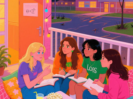 Quatro garotas sentadas no chão com muitas almofadas no chão cada uma está segurando um caderno fazendo anotações elas estão conversando