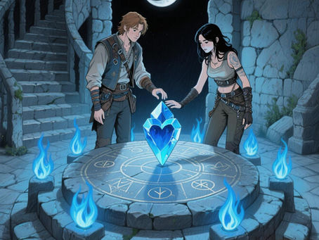 Duas imagens uma com uma mulher e um homem estão tocando um cristal e tem chamas ao redor do cristal uma escada estão em uma torre, a segunda imagem é do cristal com uma chama azul sobre ele e a lua em chamas azuis e tem sombras olhando e o homem e a mulher continua no local mas estão na escada olhando para o cristal