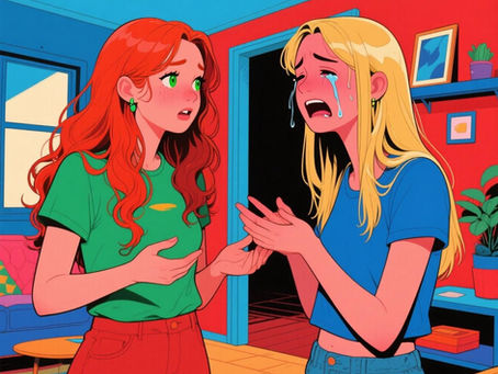 duas garotas uma de olhos verdes cabelos longos e ondulados cor ruiva, e a outra de cabelos lisos cor loira e a loira está chorando muito está em um apartamento conversando .