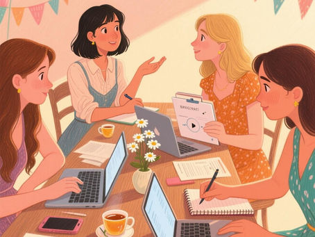 Quatro amigas estão conversando organizando para a festa de debutante