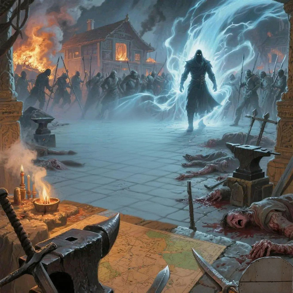 Figura misteriosa em frente a uma batalha épica com combate e fogo. Biblioteca De Livr 1