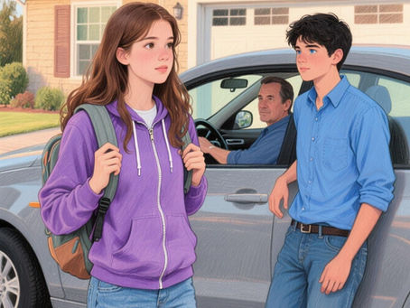 uma garota de olhos castanhos cabelos castanhos longos, com mochila nas costas elas está de calça jeans e moletom roxo com zíper na frente , e tem uma carro na frente de casa, com um rapaz de cabelos pretos olhos azuis e está vestido de camisa azul calça jeans ele está encostado no carro e tem um motorista que está dentro do carro de cor cinza.