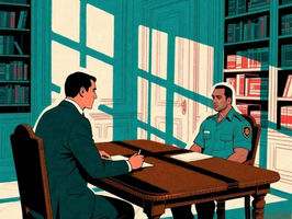 Um detetive e o segurança conversando na biblioteca tem papéis na mesa 