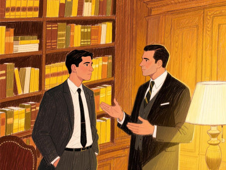 Dois homens conversando em um lugar que tem muitos livros uma mesa e um abajur acesso estão vestindo um terno preto