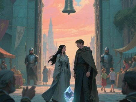 Uma mulher e um homem tem crianças dois cavaleiros vestidos com uma armadura em uma mesa tem um cristal brilhante