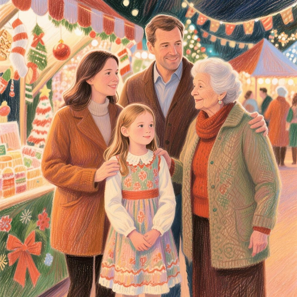 Uma menina está com os pais e a avó em uma feira Natalina