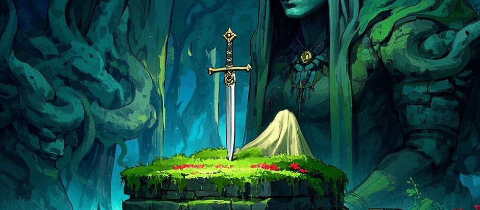 A statue of a woman with long hair staring intently at a sword embedded in an altar, stone steps above this altar, red flowers beside it, and some trees.