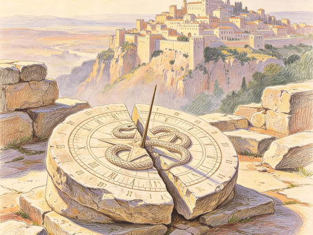 Relógio de sol rachado com serpente, em ruínas, diante de cidade fortificada no alto de um penhasco ao amanhecer.
