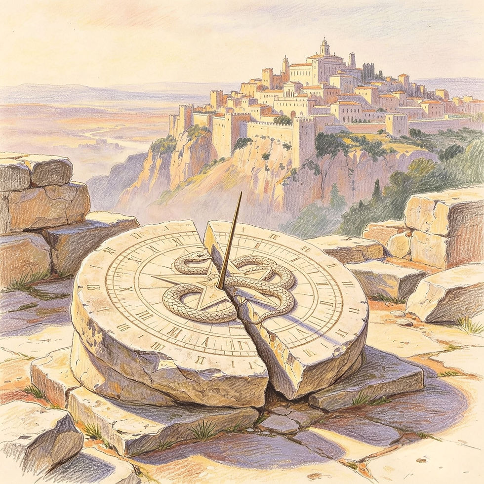 Relógio de sol rachado com serpente, em ruínas, diante de cidade fortificada no alto de um penhasco ao amanhecer.