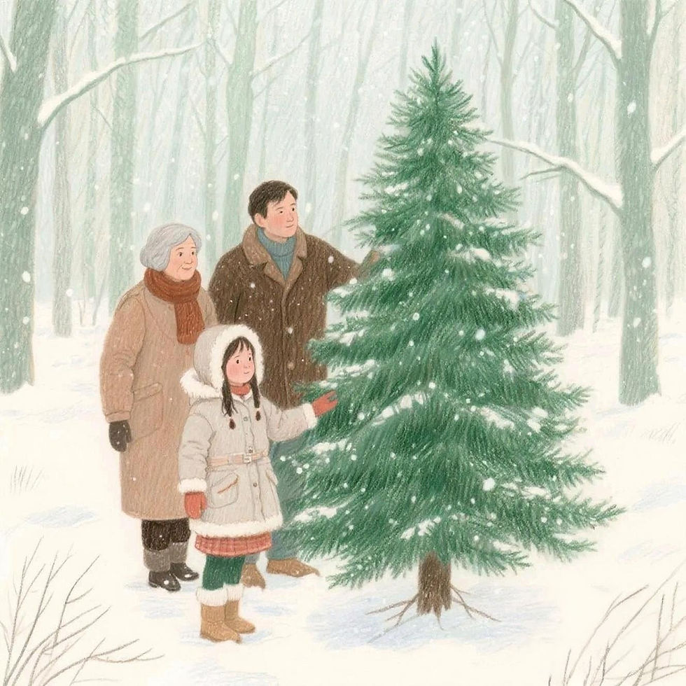 A menina está com a avó e o pai pegando nos galhos de um pinheiro