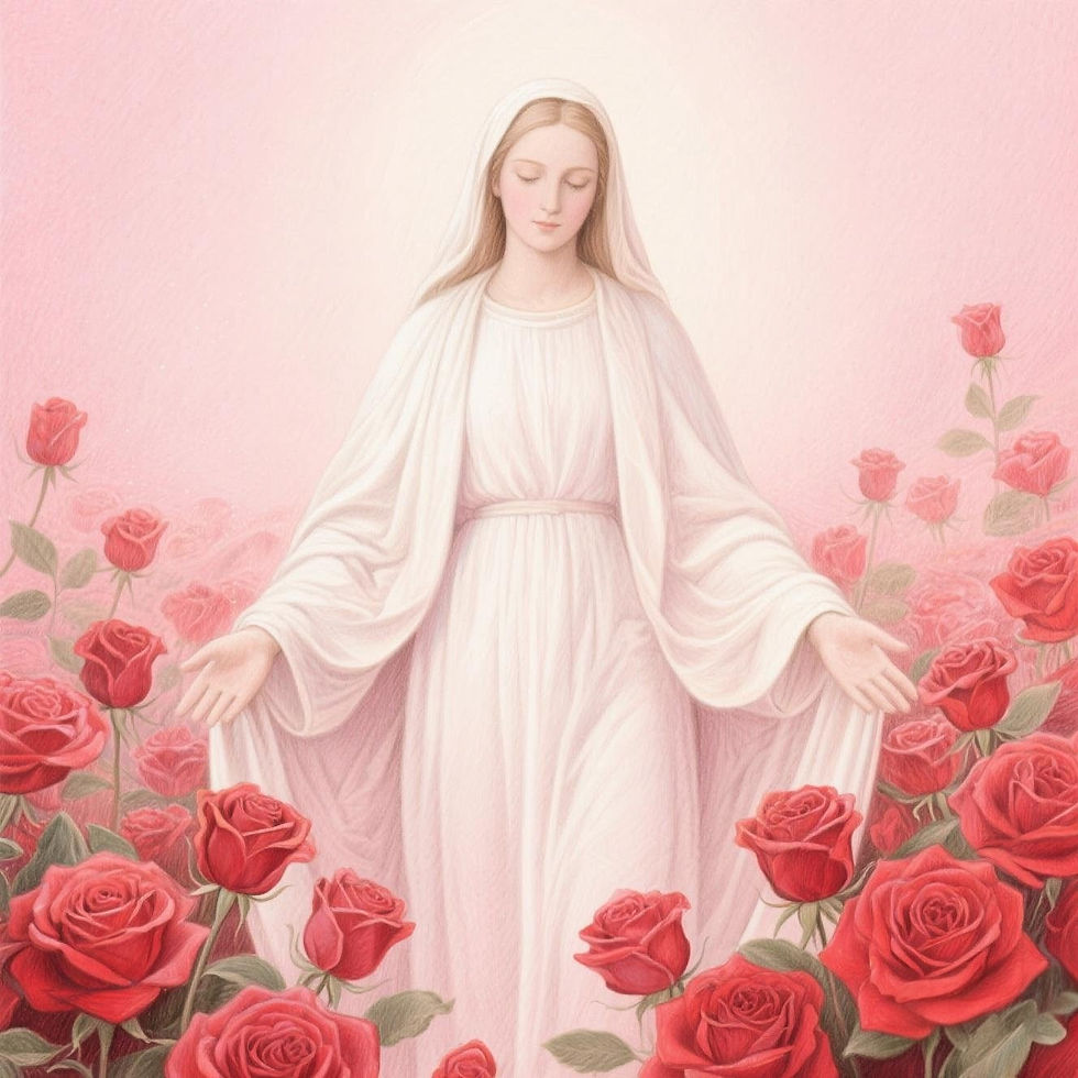 Nossa senhora de branco caminhado entre rosas vermelhas 