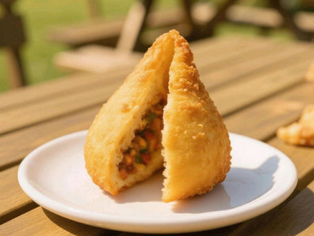 Uma coxinha cortada ao meio em um prato em cima de uma mesa