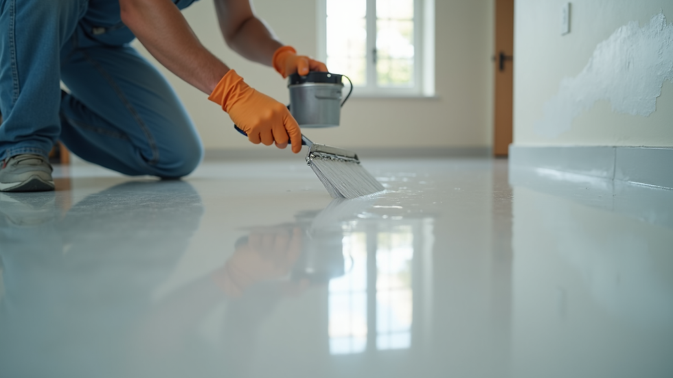 Close-up view of a painter applying epoxy floor coating in a commercial space