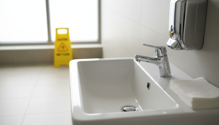 Low-angle view of a clean restroom sink with soap and paper towels