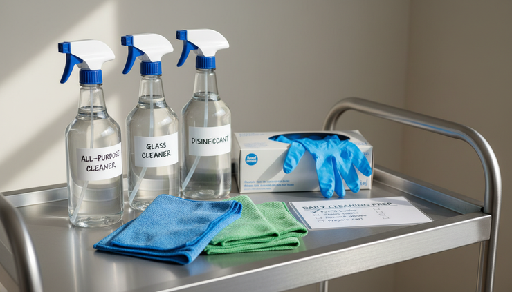Close-up view of labeled spray bottles and folded microfiber cloths