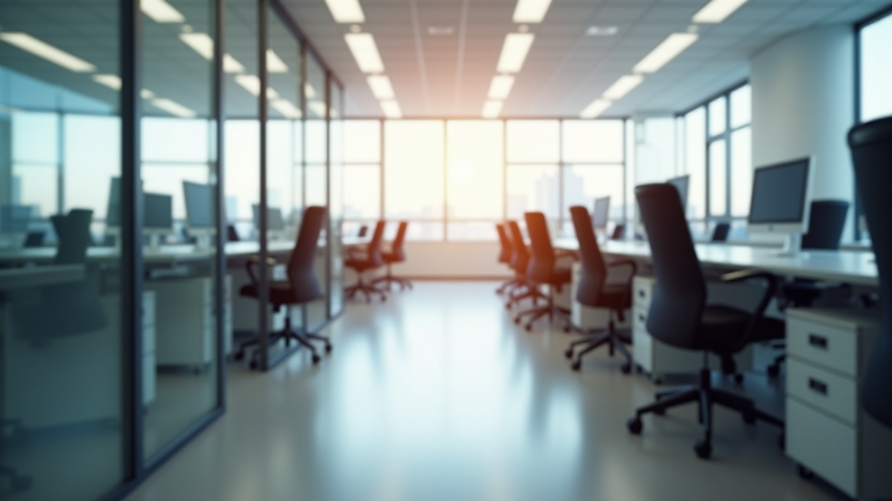 Eye-level view of an empty office space with clean desks and chairs