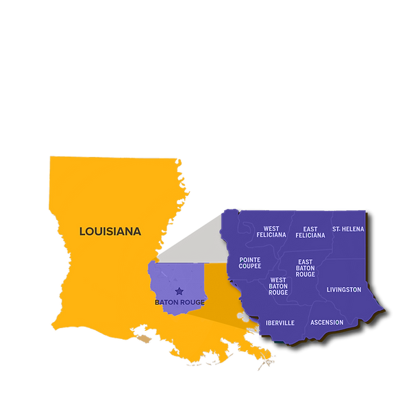 Map of the State of Louisiana highlighting East Baton Rouge and all surrounding parishes, purple and gold