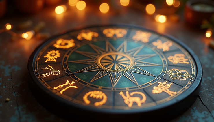 Close-up view of zodiac wheel with glowing symbols under soft light